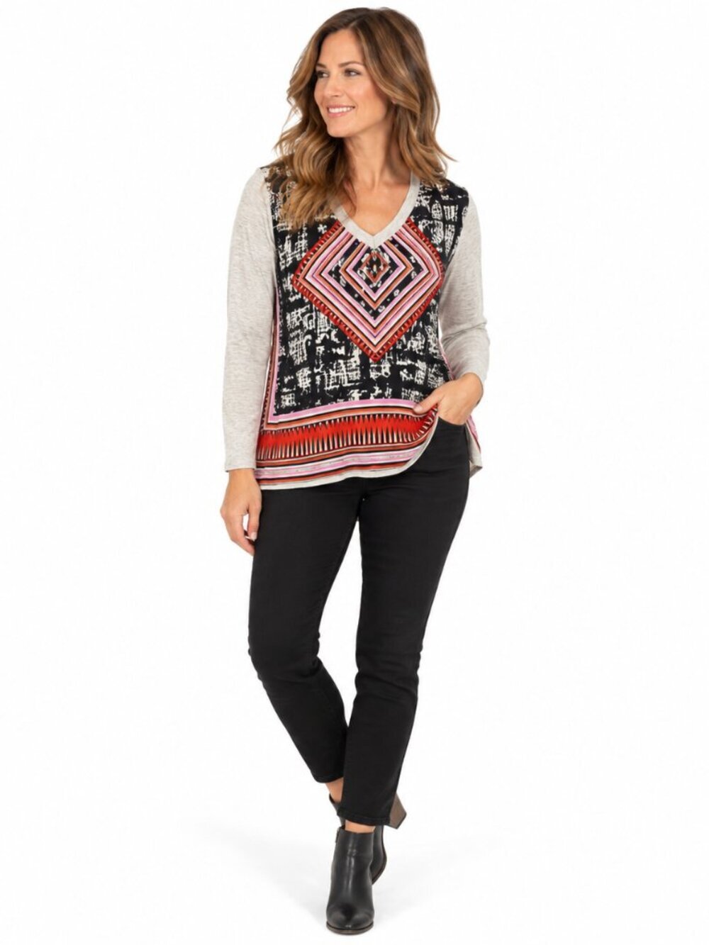CAbi Style 768 Womens M Silk Front Geometric Print Long Sleeve Top